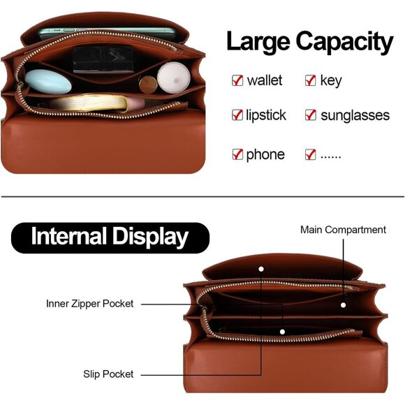 Women's C-brown Leather Satchel Small Classy Crossbody Bag Purse Fashion Handbag - Picture 3 of 7